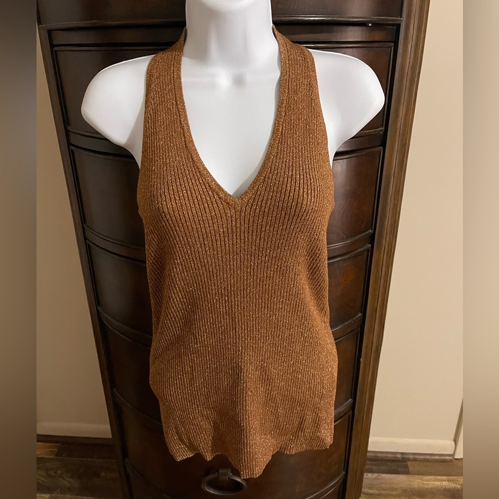 INC Bronze Metallic Thread Halter Sweater, 60% Silk, Size L